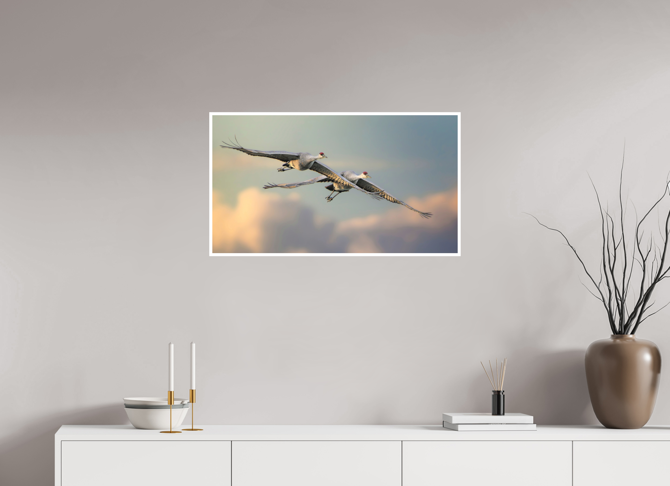 32 x 18″, Hahnemühle Photo Rag with .4" white border Sandhill Cranes flying over Clouds in morning light