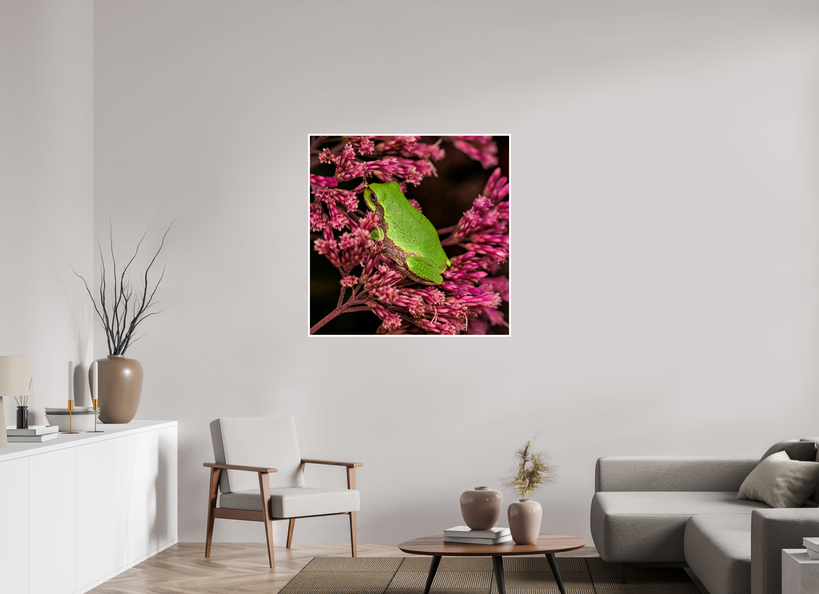 40 x 40″, Hahnemuhle Photo Silk Baryta X with .4" white border Green Tree Frog perched in Sweet Joe Pye Weed Blossom