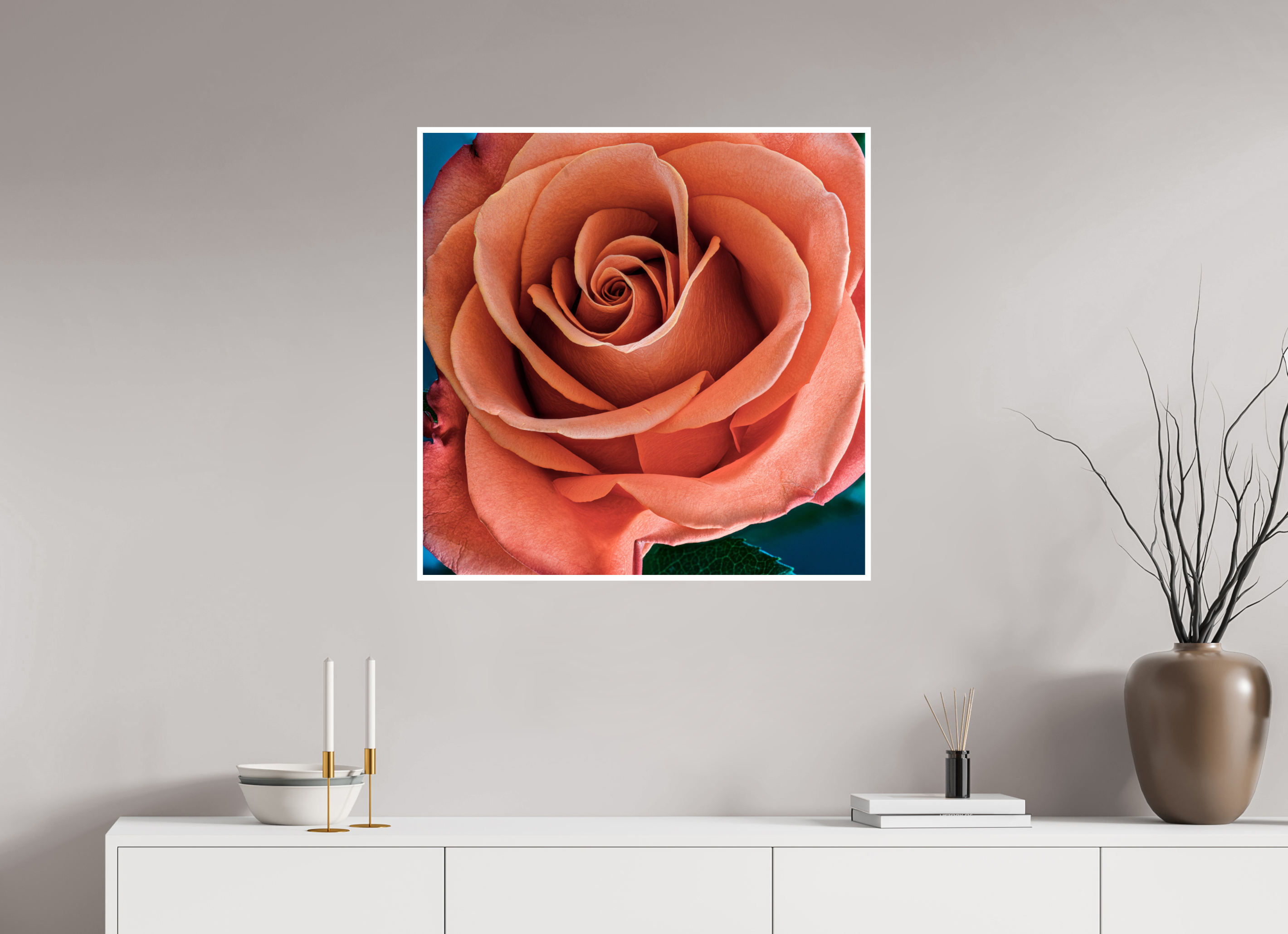 30 x 30″, Hahnemuhle Photo Silk Baryta X with .4" white border Orange Sherbet Rose