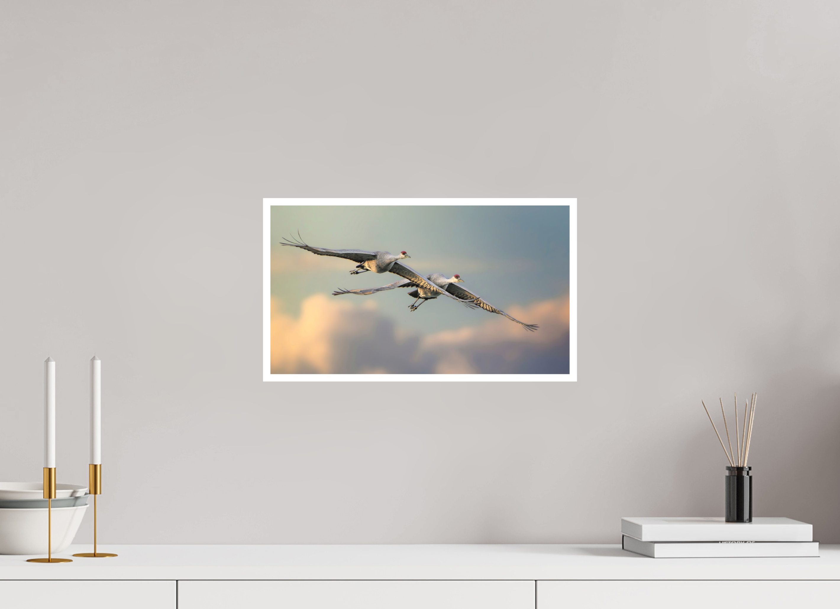 16 x 9″, Hahnemühle Photo Rag with .4" white border Sandhill Cranes flying over Clouds in morning light