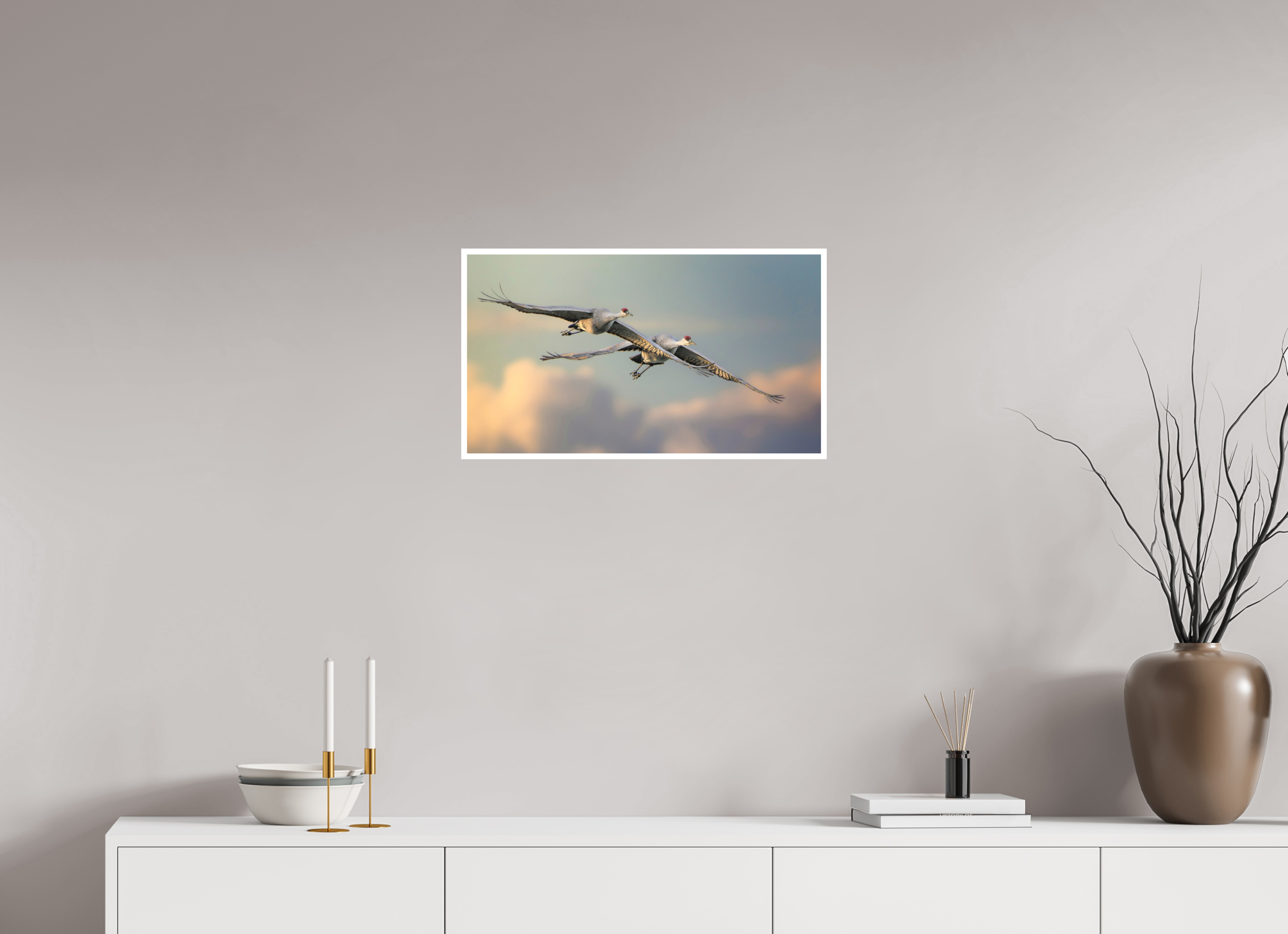 24 x 13.5″, Hahnemühle Photo Rag with .4" white border Sandhill Cranes flying over Clouds in morning light